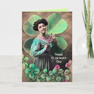 VINTAGE LADY AND LUCKY SHAMROCKS St Patrick's Day Card