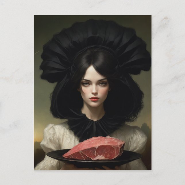 Vintage Lady and Raw Meat on Platter Postcard (Front)