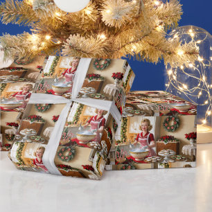 Vintage Lady Baking Christmas Cookies Wrapping Paper