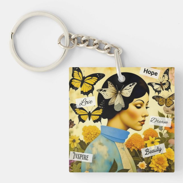 Vintage Lady, Butterflies, Flowers and Inspiring Key Ring (Front)