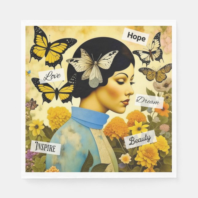 Vintage Lady, Butterflies, Flowers and Inspiring Napkin (Front)
