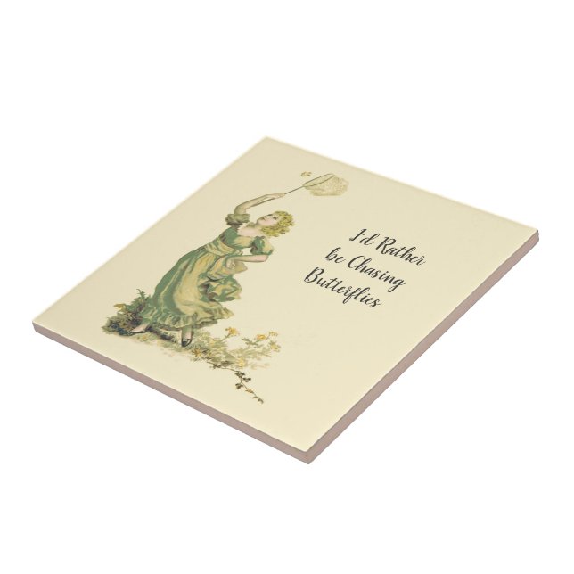 Vintage Lady Chasing Butterflies  Ceramic Tile (Side)