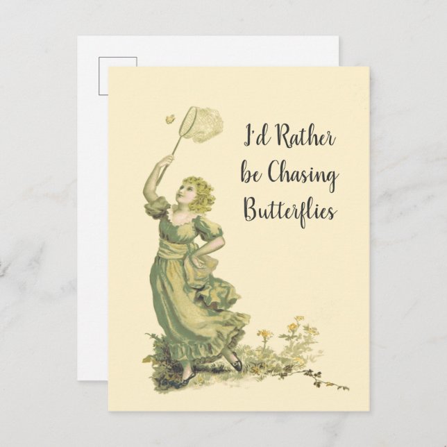 Vintage Lady Chasing Butterflies   Postcard (Front/Back)