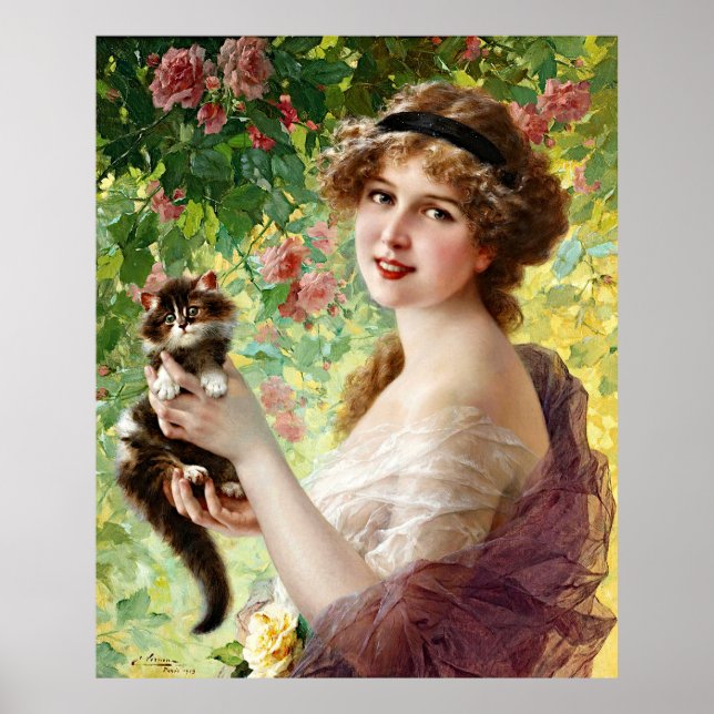 Vintage Lady Cute Kitten & Rose Flower Poster (Front)