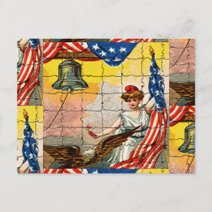 Vintage Lady, Eagle, Flag and Liberty Bell Mosaic Postcard