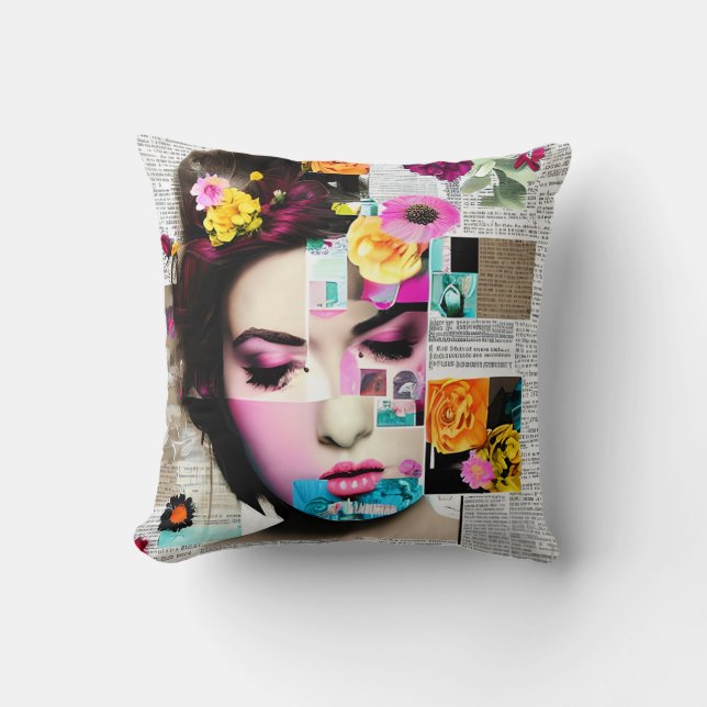 Vintage Lady Floral Paper Collage Art Cushion (Front)
