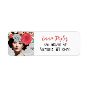 Vintage Lady Floral Paper Collage Newspaper Return Address Label