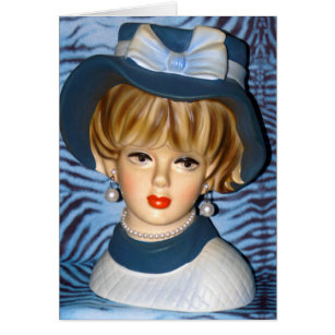 Vintage Lady Head Vase Blue Bucket Hat 1960s Card