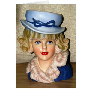 Vintage Lady Head Vase Blue Hat Fur Collar Card