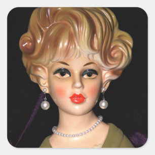 Vintage Lady Head Vase Sultry Eyes Big Hair 1960s Square Sticker