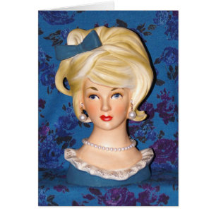 Vintage Lady Head Vase Teen Big Hair Blue Bow Card