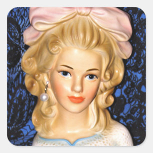 Vintage Lady Head Vase Teen Pink Bow 1960s Square Sticker