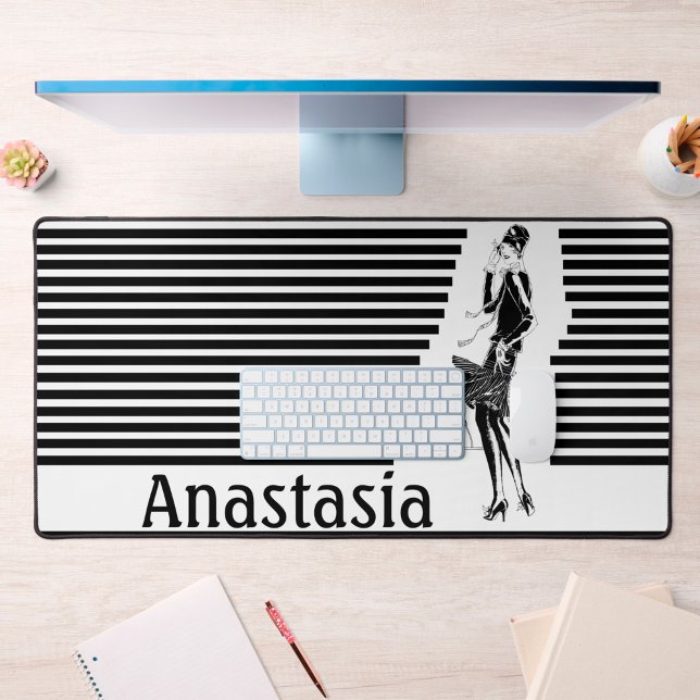 Vintage Lady in Black and White Desk Mat (Black and white desk mat with vintage lady and name)