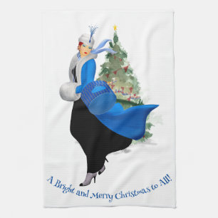 Vintage Lady in Blue Christmas Greeting Tea Towel