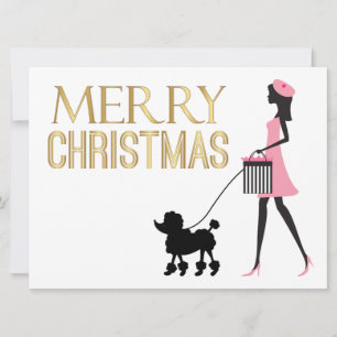Vintage lady in pink black poodle Merry Christmas Holiday Card