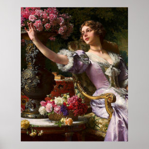 Vintage Lady In Pink Lilac Dress & Red Rose Poster