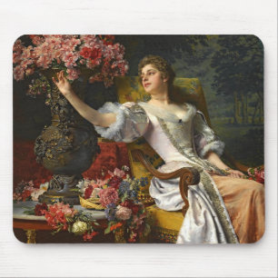 Vintage Lady In Pink Orange Dress & Pink Rose Mouse Pad