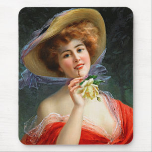 Vintage Lady In Red With Yellow Rose Mouse Pad