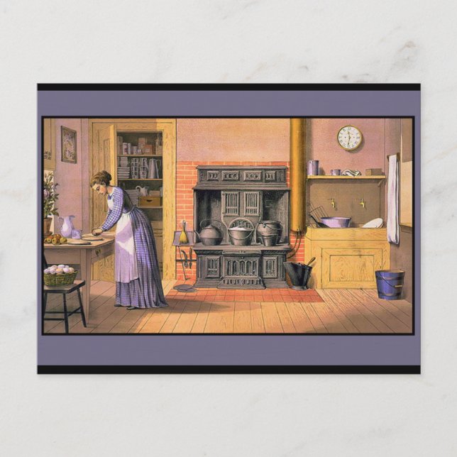 Vintage Lady in the Kitchen Postcard (Front)