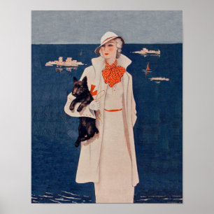 Vintage Lady In White Scotty Terrier Dog Ocean Poster