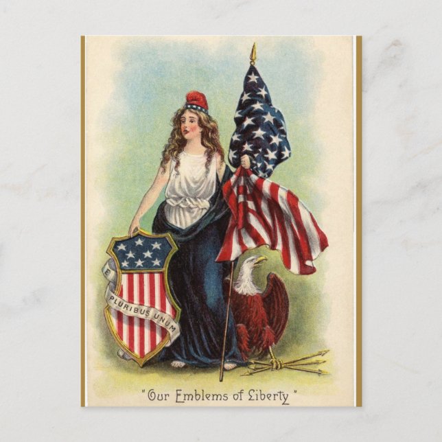 Vintage Lady Liberty and Emblems of Liberty Postcard (Front)