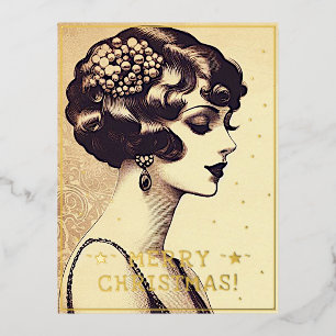 Vintage Lady Merry Christmas Greetings Retro Pic Foil Holiday Postcard