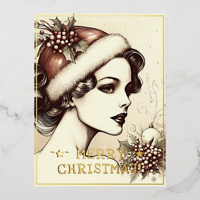 Vintage Lady Merry Christmas Greetings Retro Pic Foil Holiday Postcard (Front)