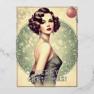 Vintage Lady Merry Christmas Greetings Retro Pic Foil Holiday Postcard