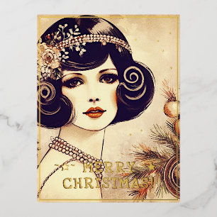 Vintage Lady Merry Christmas Greetings Retro Pic Foil Holiday Postcard