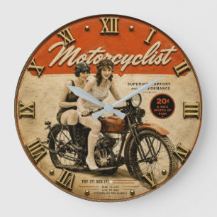 Vintage Lady Motorcyclist Retro Women Riders Motor Large Clock