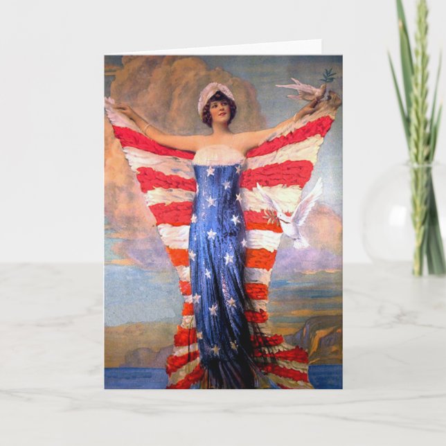 Vintage Lady of Liberty Patriotic American Flag Card (Front)