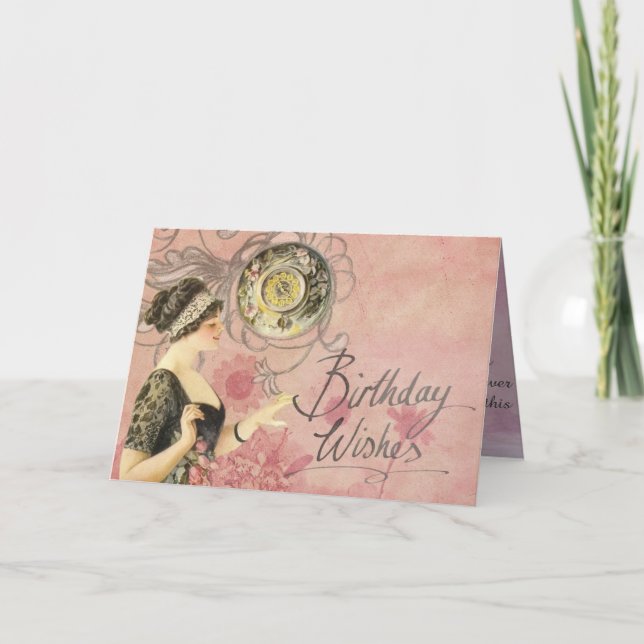 Vintage Lady on Pink Background Birthday Wishes Card (Front)