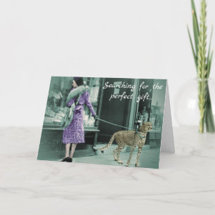 Vintage Lady Shopping Walking a Cheetah Unique Card