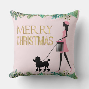 Vintage Lady walking black poodle Merry Christmas Cushion