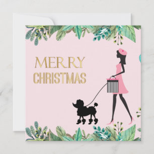 Vintage Lady walking black poodle Merry Christmas Holiday Card