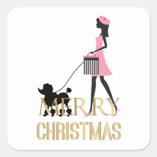 Vintage Lady walking black poodle Merry Christmas Square Sticker