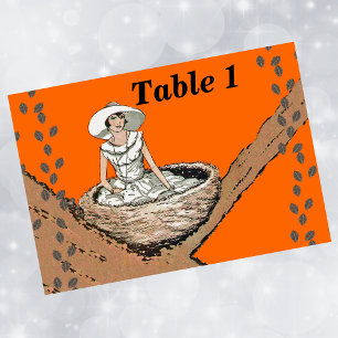 Vintage Lady White Dress Bird Nest Leaves Table Number