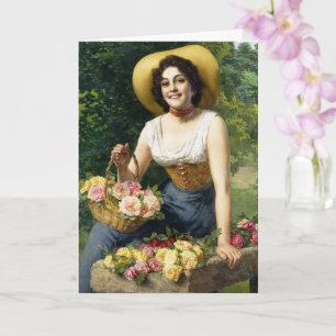 Vintage Lady With A Basket Of Roses Card