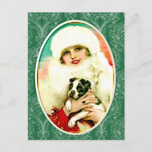 Vintage Lady with Boston Terrier Postcard (Front)