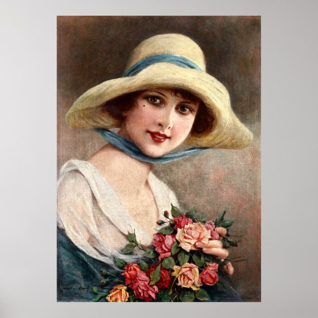 Vintage Lady With Bouquet Of Roses Poster (Front)