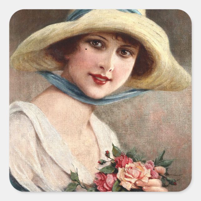 Vintage Lady With Bouquet Of Roses   Square Sticker (Front)