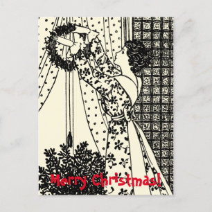 Vintage Lady With Christmas Wreath Postcard