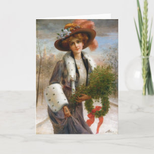 Vintage Lady with Holly Branches & Wreath, Holiday Card