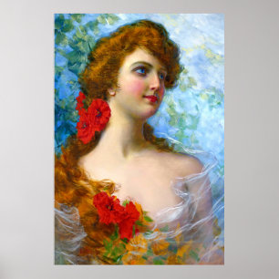 Vintage Lady With Red And Orange Flowers Poster