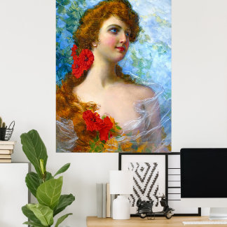 Vintage Lady With Red And Orange Flowers Poster