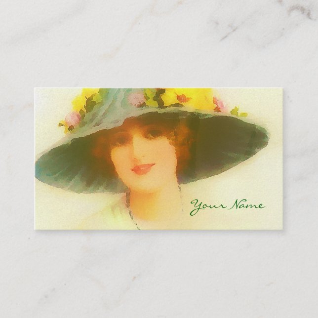 Vintage Lady with spring hat Business Card (Front)