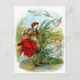 Vintage Lady With Swans Postcard