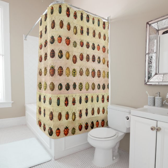 Vintage Ladybug Specimen Pattern Antique Insect Shower Curtain (In Situ)