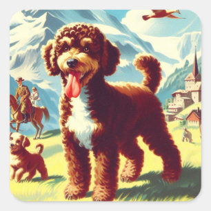 Vintage Lagotto Romagnolo Dog Painting Square Sticker
