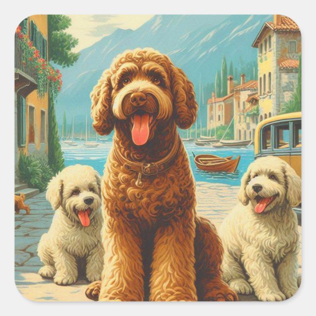 Vintage Lagotto Romagnolo Illustration Square Sticker (Front)